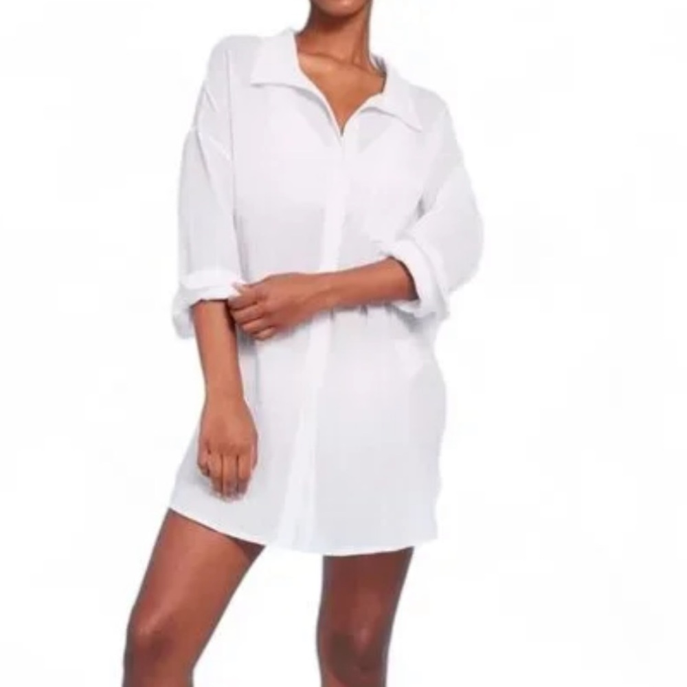 Kona Sol White Gauze Botton Top/Swim Cover-Up